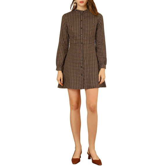 INSPIRE CHIC Women's Gingham Print Ruffle Mock Neck Button Down Long Sleeves Dresses XS Brown