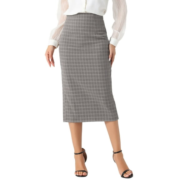 INSPIRE CHIC Women's Checked Plaid Print High Waist Zipper Back Split Bodycon Midi Skirt L Khaki