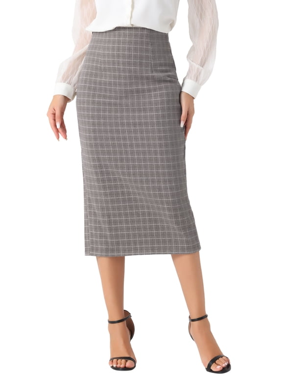 Women's Checked Plaid Print High Waist Zipper Back Split Bodycon Midi Skirt XL Khaki