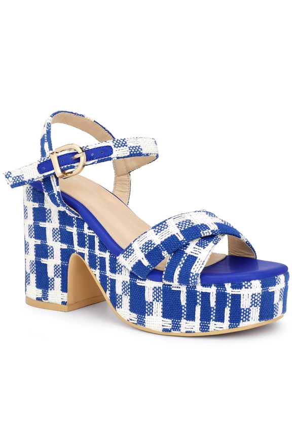 Allegra K Women's Checkered Platform Heels Slingback Strap Block Heel Sandals Blue (Size 7)
