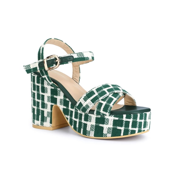 BLISSFUL STEP Women's Checkered Platform Heels Slingback Strap Block Heel Sandals Green (Size 5.5)
