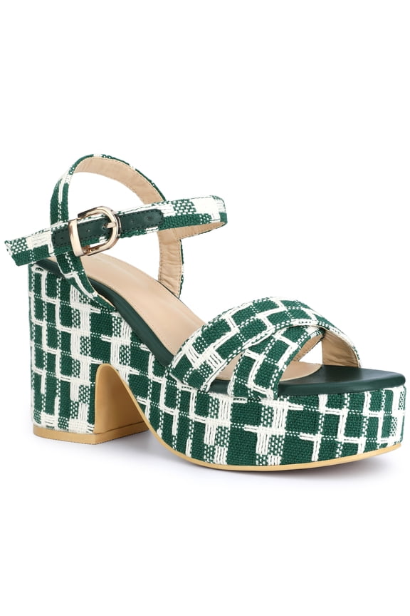 Allegra K Women's Checkered Platform Heels Slingback Strap Block Heel Sandals Green (Size 5.5)
