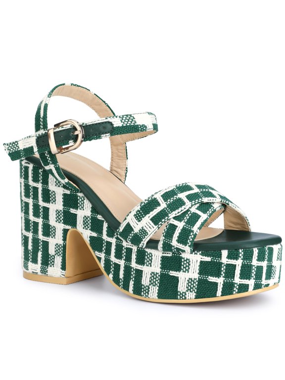Women's Checkered Platform Heels Slingback Strap Block Heel Sandals Green (Size 7)