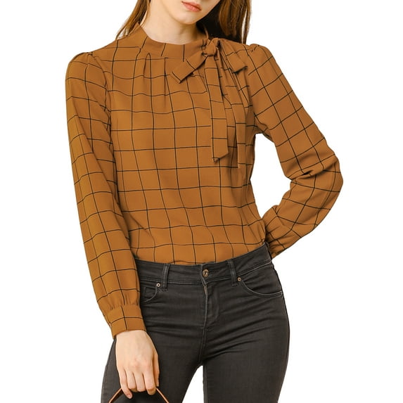 INSPIRE CHIC Women's Wear-to-Work Tops Checks Bow-Tie Neck Long Sleeve Blouses 2XL Brown