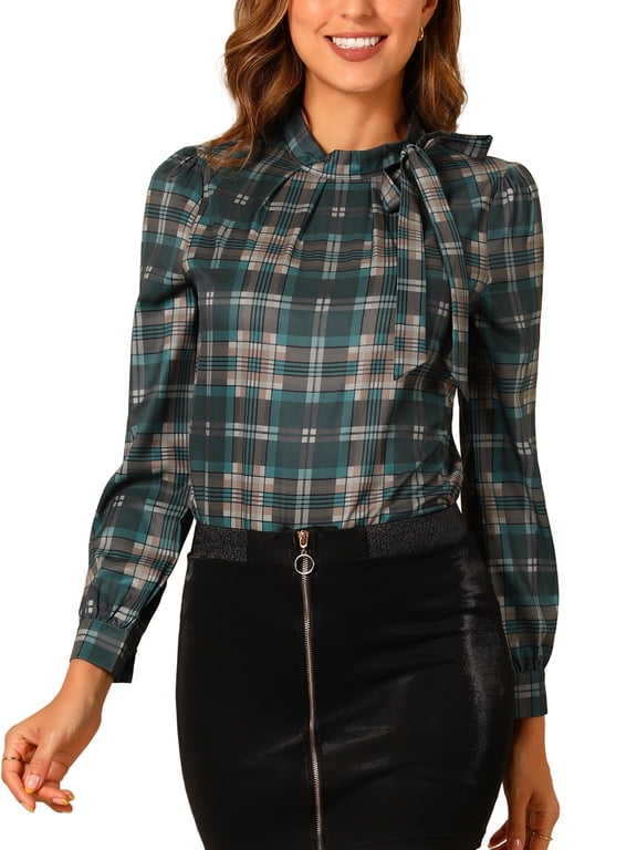 Women's Wear-to-Work Tops Checks Bow-Tie Neck Long Sleeve Blouses L Dark Green
