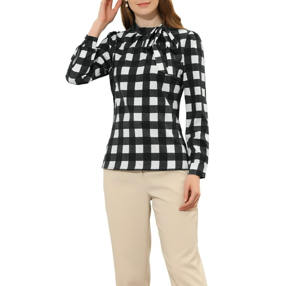 INSPIRE CHIC Women's Wear-to-Work Tops Checks Bow-Tie Neck Long Sleeve Blouses M Blacks