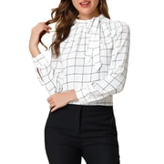 INSPIRE CHIC Women's Wear-to-Work Tops Checks Bow-Tie Neck Long Sleeve Blouses M White