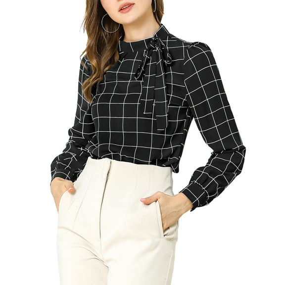 INSPIRE CHIC Women's Wear-to-Work Tops Checks Bow-Tie Neck Long Sleeve Blouses S Black