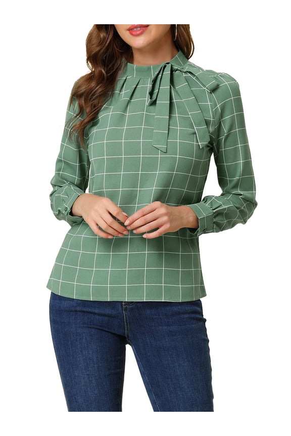 Women's Wear-to-Work Tops Checks Bow-Tie Neck Long Sleeve Blouses XL Green
