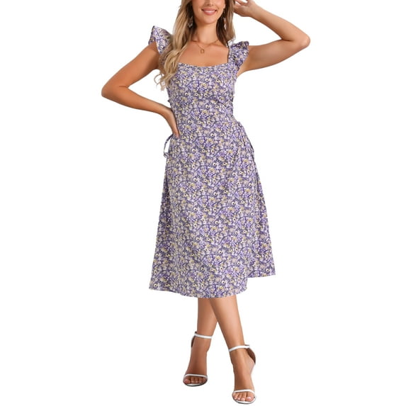 INSPIRE CHIC Women's Cherry Print Floral Dress Lace-up Square Neck Ruffle Sleeveless Midi Dresses L Purple