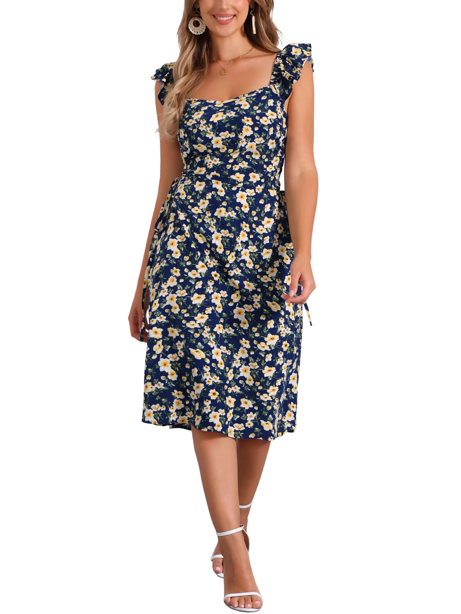 INSPIRE CHIC Women's Cherry Print Floral Dress Lace-up Square Neck Ruffle  Sleeveless Midi Dresses M Blue - Walmart Business Supplies