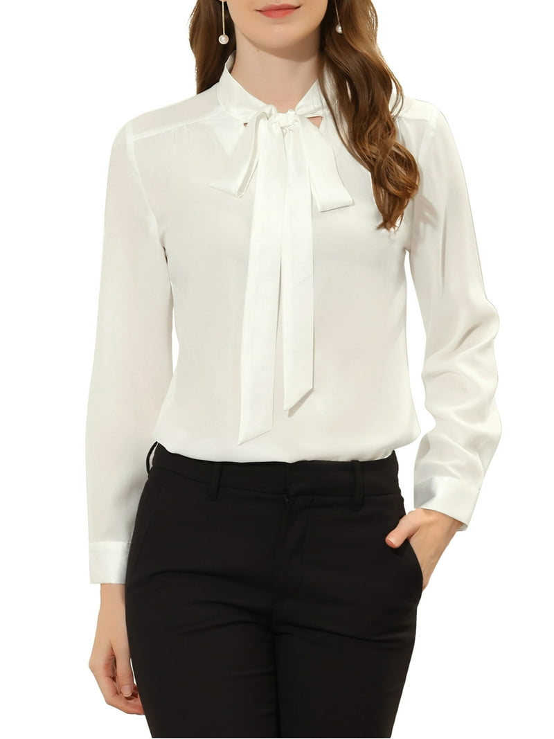 INSPIRE CHIC Women's Chiffon Blouse Bow Tie Neck Long Sleeve Work