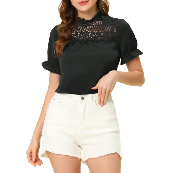 INSPIRE CHIC Women's Chiffon Lace Panel Stand Collar Puff Sleeve Blouse Top S Black