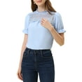 thumbnail image 1 of INSPIRE CHIC Women's Chiffon Lace Panel Stand Collar Puff Sleeve Blouse Top XS Light Blue, 1 of 6