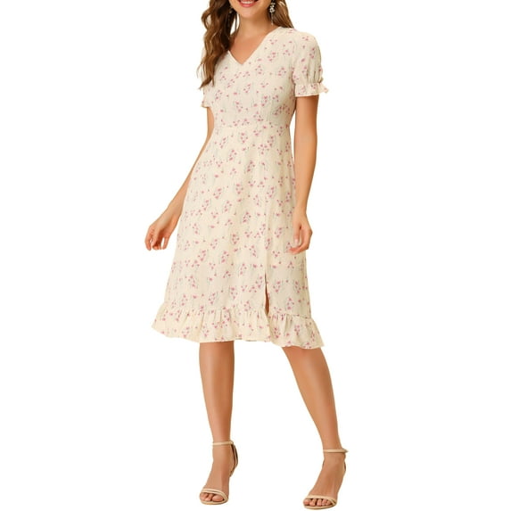 Allegra K Women's Chiffon Ruffled V Neck Vintage Floral Midi Dress
