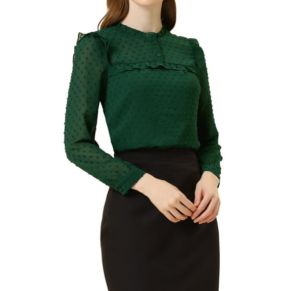 INSPIRE CHIC Women's Chiffon Shirts Elegant Long Sleeve Ruffle Swiss Dots Blouse Tops XL Green