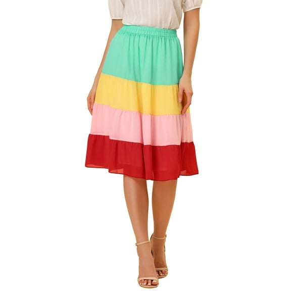 INSPIRE CHIC Women's Chiffon Summer Elastic Waist Elegant High Waist Tiered Skirt M Red