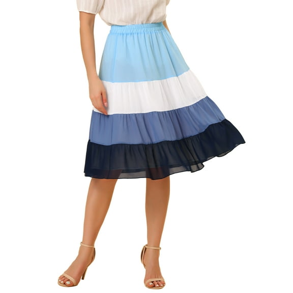 INSPIRE CHIC Women's Chiffon Summer Elastic Waist Elegant High Waist Tiered Skirt M Blue