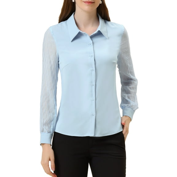 INSPIRE CHIC Women's Chiffon Textured Sheer Sleeve Button Down Work Shirt XS Light Blue