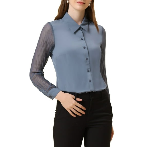 INSPIRE CHIC Women's Chiffon Textured Sheer Sleeve Button Down Work Shirt L Gray Blue