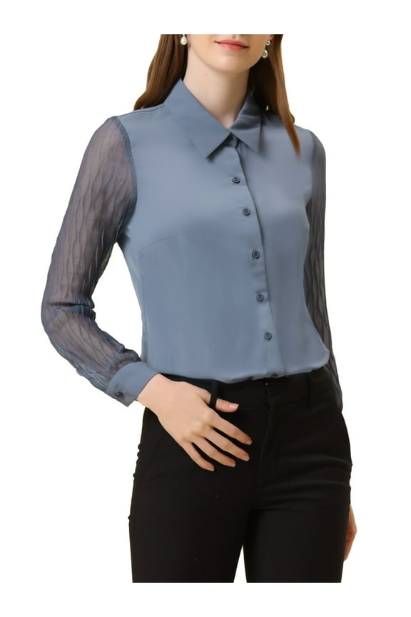 Women's Chiffon Textured Sheer Sleeve Button Down Work Shirt M Gray Blue