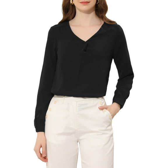 INSPIRE CHIC Women's Chiffon V Neck Long Sleeve Work Blouse Top L Black