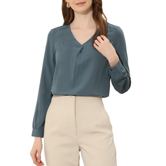 INSPIRE CHIC Women's Chiffon V Neck Long Sleeve Work Blouse Top L Grey Blue