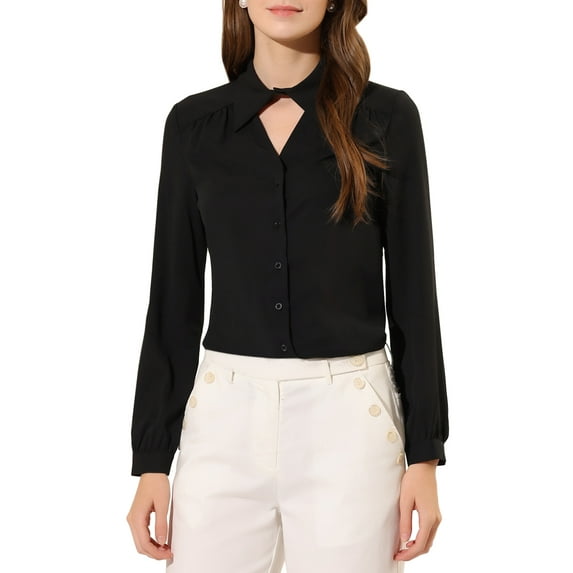INSPIRE CHIC Women's Choker Neck Blouse Long Sleeve Turn Down Collar Work Shirt M Black