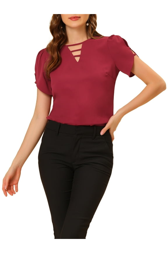 Women's Choker V Cut-Out Split-Neck Blouse Casual Slashed Cuffs Top M Burgundy