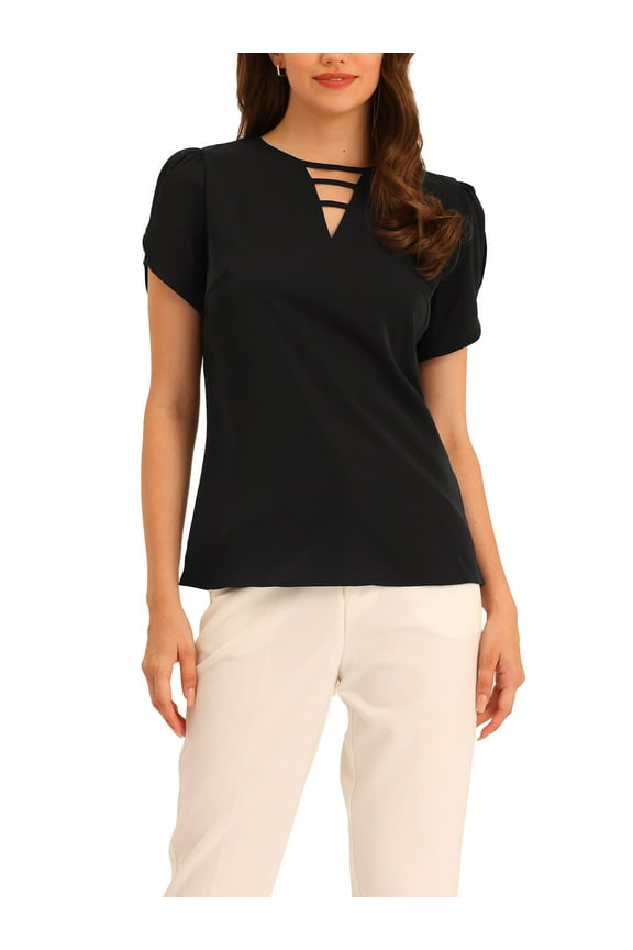 Women's Choker V Cut-Out Split-Neck Blouse Casual Slashed Cuffs Top S Black