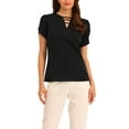 thumbnail image 1 of INSPIRE CHIC Women's Choker V Cut-Out Split-Neck Blouse Casual Slashed Cuffs Top XS Black, 1 of 6
