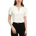 thumbnail image 1 of INSPIRE CHIC Women's Choker V Cut-Out Split-Neck Blouse Casual Slashed Cuffs Top XS White, 1 of 7