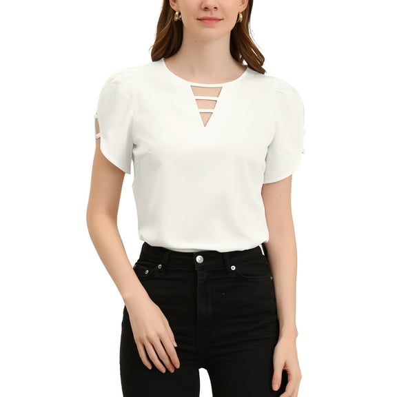 INSPIRE CHIC Women's Choker V Cut-Out Split-Neck Blouse Casual Slashed Cuffs Top XS White