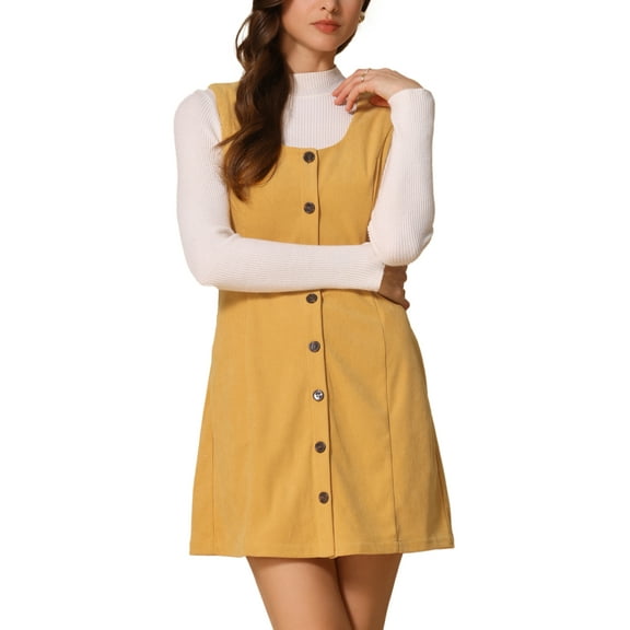 INSPIRE CHIC Women's Suspender Dress Scoop Neck Pinafore Overall Corduroy Casual Dress L Dark Yellow