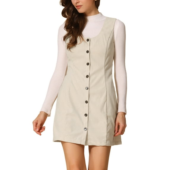 INSPIRE CHIC Women's Suspender Dress Scoop Neck Pinafore Overall Corduroy Casual Dress M Beige