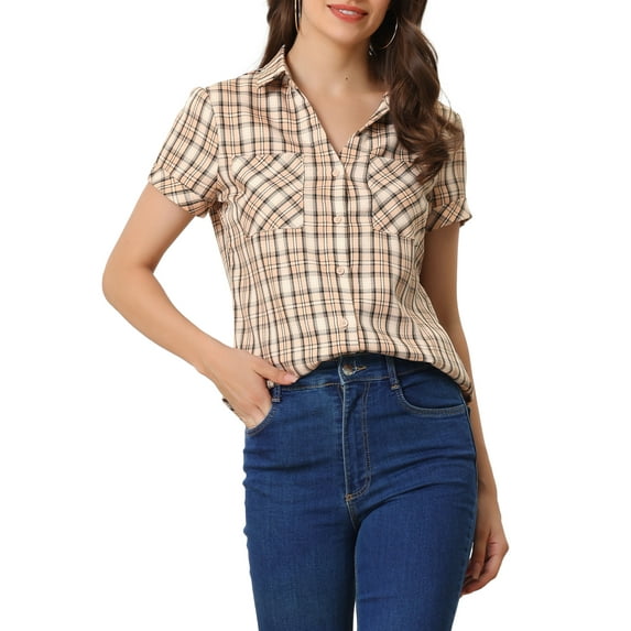 INSPIRE CHIC Women's Plaid Shirts Point Collar Button Down Blouses XS Pink