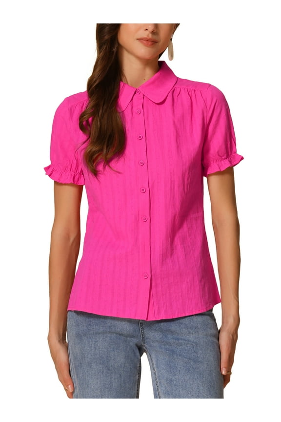 Women's Chic Tops Peter Pan Collar 1950s Vintage Button Down Cotton Blouses XS Fuchsia
