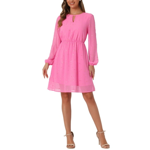 INSPIRE CHIC Women's Dress Gilding Star V Neck Long Sleeve Party Flared A-Line Dress L Dark Pink