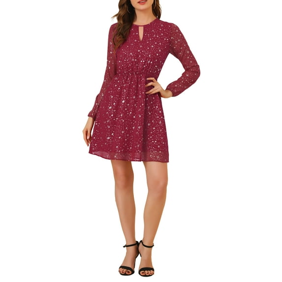 INSPIRE CHIC Women's Dress Gilding Star V Neck Long Sleeve Party Flared A-Line Dress M Red