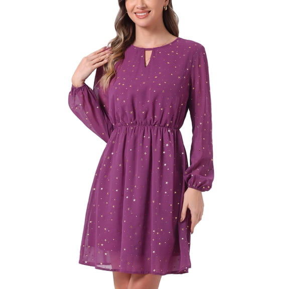 INSPIRE CHIC Women's Dress Gilding Star V Neck Long Sleeve Party Flared A-Line Dress S Plum Purple
