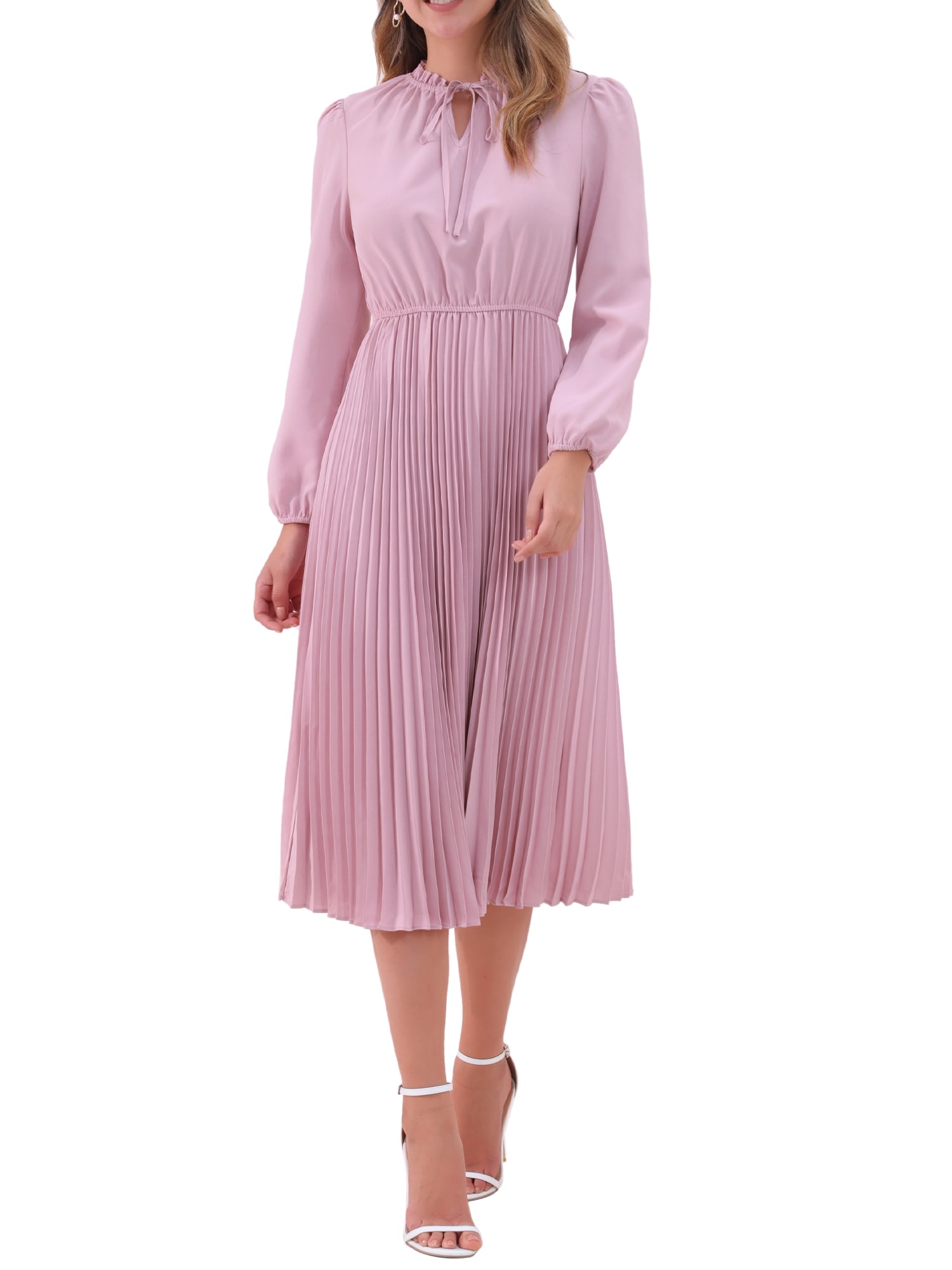long sleeve midi holiday dresses women Inspire Chic Women's Dress Tie V Neck Pleated A-Line Dress M Pink, Size: Medium party abaya