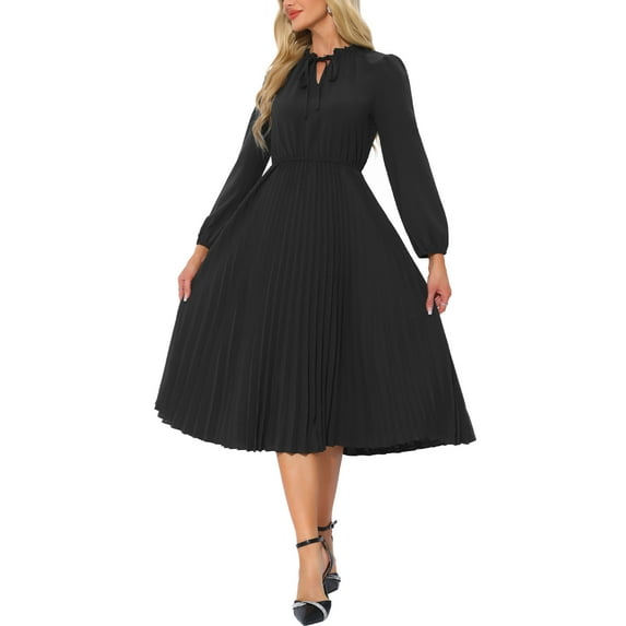 INSPIRE CHIC Women's Dress Holiday Long Sleeve Tie V Neck Pleated A-Line Midi Dress XS Black