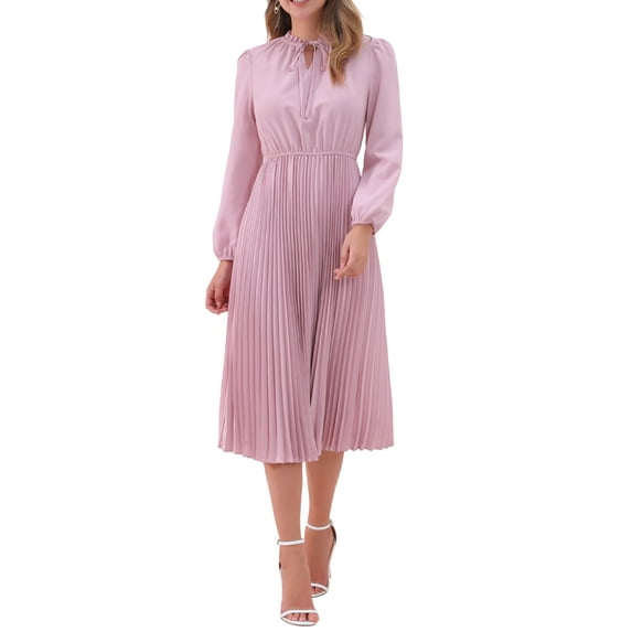 INSPIRE CHIC Women's Dress Holiday Long Sleeve Tie V Neck Pleated A-Line Midi Dress XS Pink
