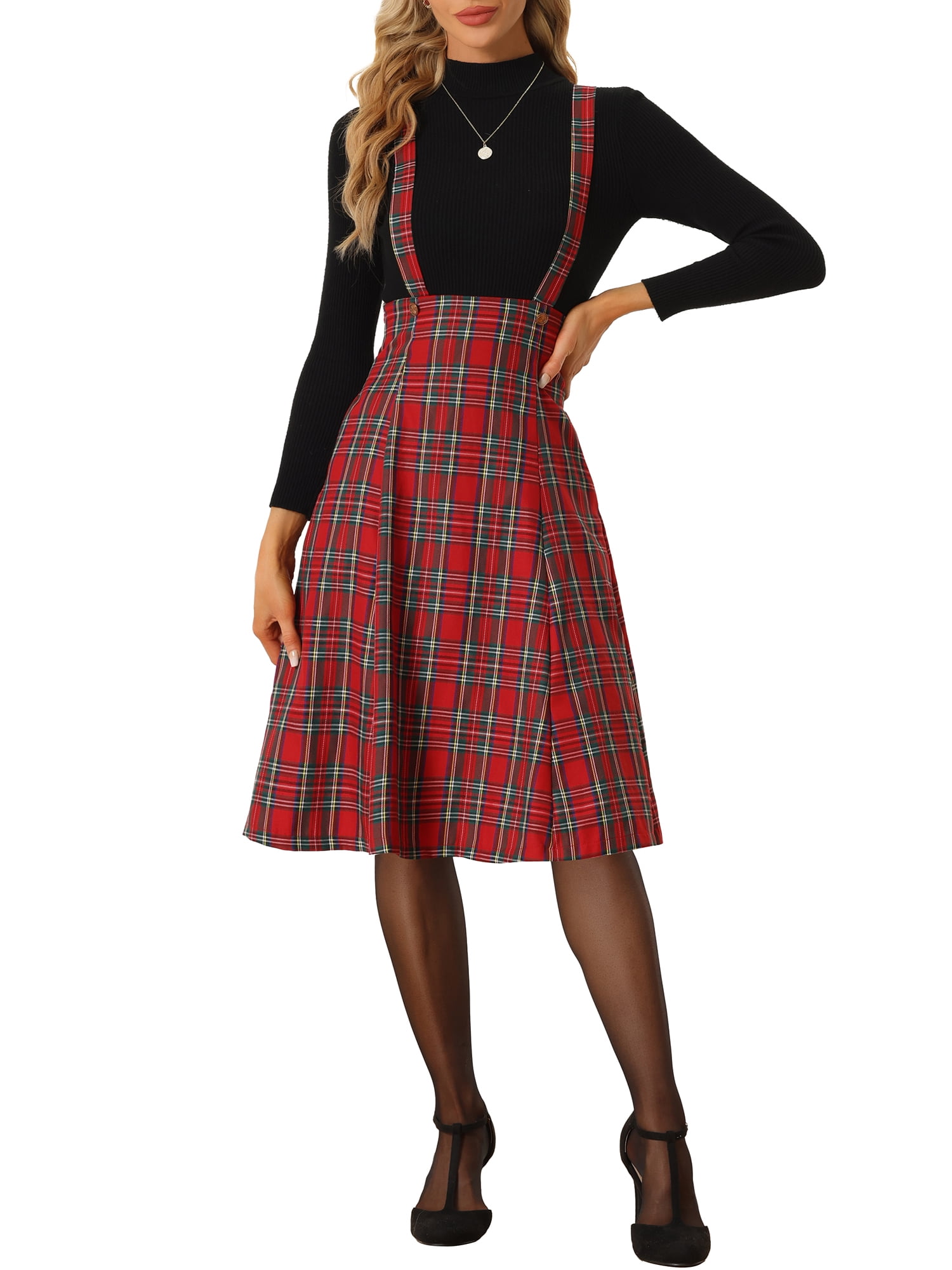Allegra K Women's Christmas Holiday Plaid Midi Suspender Skirt for