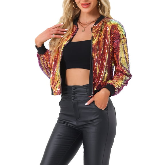INSPIRE CHIC Women's Sequin Jacket Zipper Closure Hidden Pockets Bomber Jacket M Gray Pink