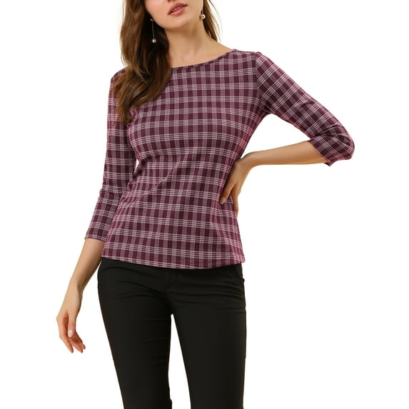 INSPIRE CHIC Women's Check Top Boat Neck 3/4 Sleeve Plaid Houndstooth Blouse XS Burgundy