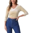 thumbnail image 1 of INSPIRE CHIC Women's Party V Neck 3/4 Sleeves Cropped Velvet Blouse S Light Khaki, 1 of 5