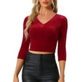 thumbnail image 1 of INSPIRE CHIC Women's Party V Neck 3/4 Sleeves Cropped Velvet Blouse XL Red, 1 of 6