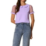 INSPIRE CHIC Women's Top Peter Pan Collar Mesh Puff Short Sleeve Vintage Polka Dots Blouse S Purple