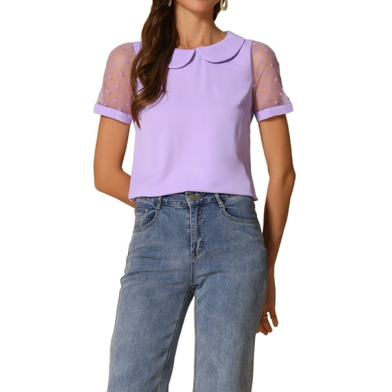 INSPIRE CHIC Women's Top Peter Pan Collar Mesh Puff Short Sleeve Vintage Polka Dots Blouse XL Purple